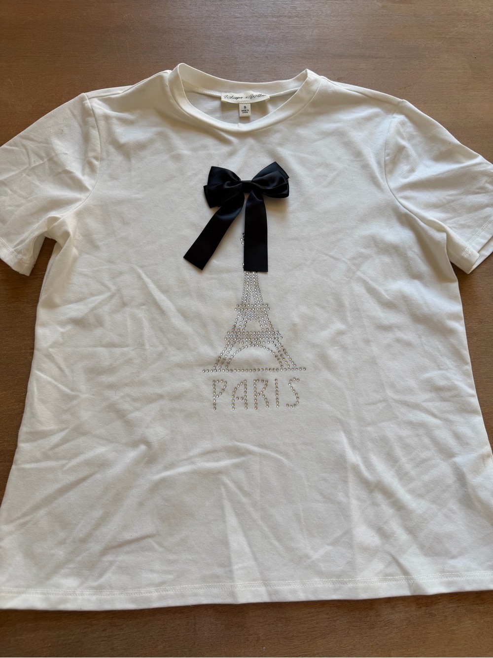 Girls' White Paris Rhinestone Tee with Black Bow